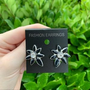 NEW Black & Silver Flower Earrings w/ Rhinestone for Pierced Ears